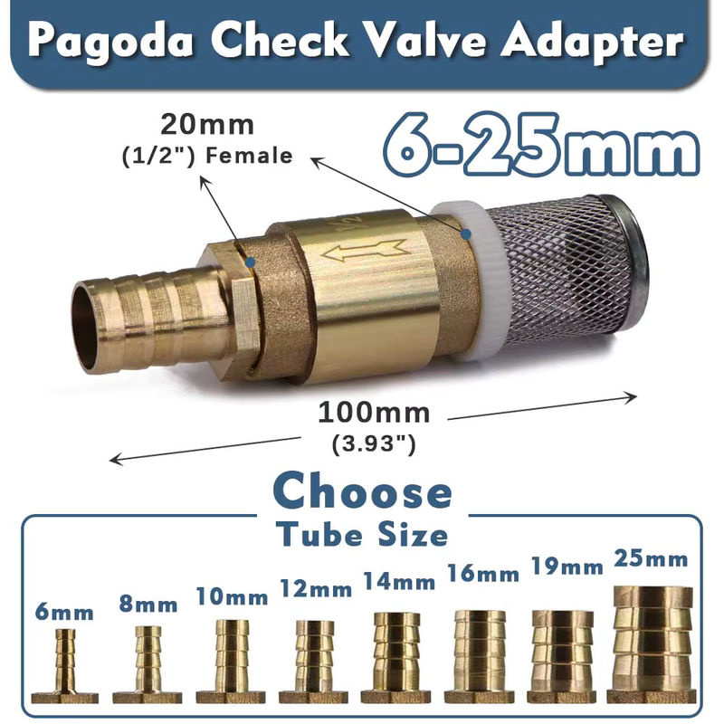 Pagoden-Rückschlagventil-Schlauchadapter mit Filter aus Messing in Gold, 1/2 Zoll, für 6–25 mm Schläuche - Bild 2
