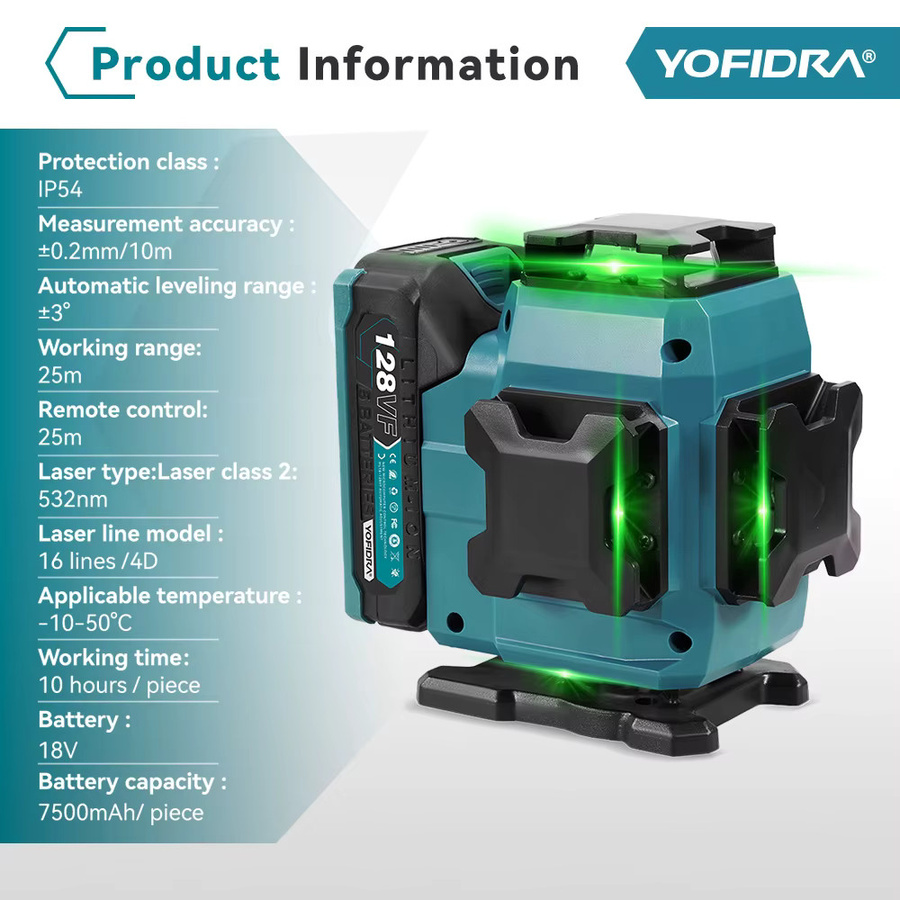 YOFIDRA 16-Linien 4D-Laser-Wasserwaage mit 360 Grad Nivellierung und 1 m Stativ für Makita 18V Akku-Pins - Bild 2