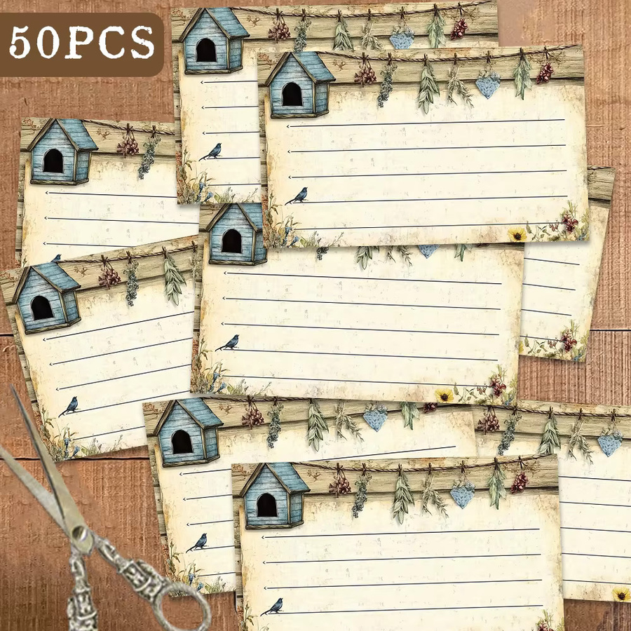 50 Stück leere Grußkarten im Vintage-Landhausstil mit Vogelhaus und getrockneten Blumen, beige, aus Papier - Bild 4