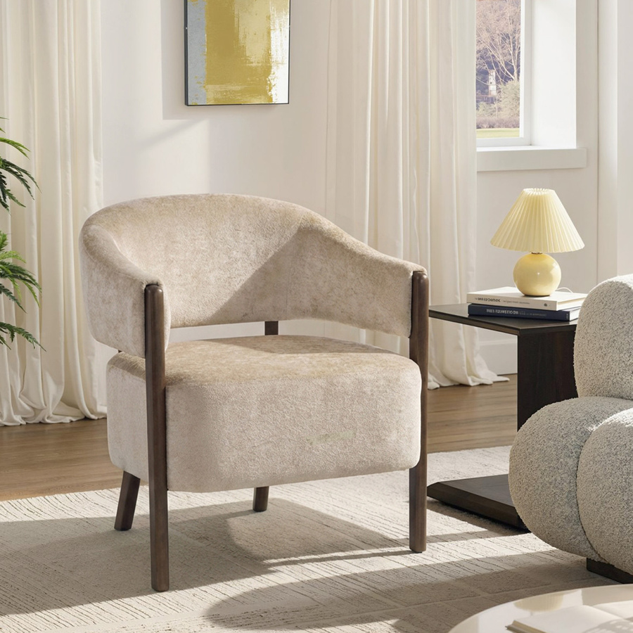 HOMCOM Loungesessel mit Chenille-Optik in Beige, moderner Relaxsessel mit Armlehnen und Holzbeinen für Wohnzimmer und Schlafzimmer - Bild 2