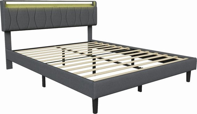 PXloue Polsterbett mit LED-Unterbettbeleuchtung und USB-Anschluss, Grau, B/T/H: 160 x 200 x 106 cm - Bild 1