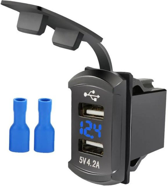 YJMP Auto Parts Dualer QC 3.0 Autoladeadapter mit USB-C und USB-A, Digitales LED-Voltmeter, Wasserdicht, für 12V 24V Marine Schalttafel, Boot und Wohnmobil, Blau - Bild 1