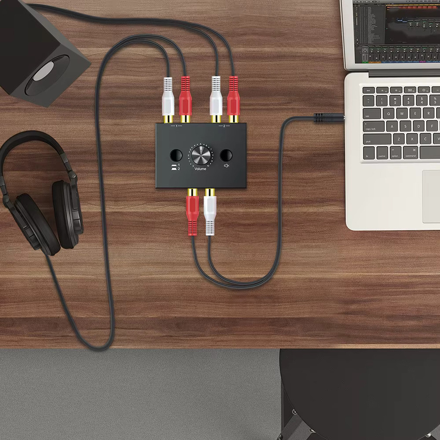 Kebidumei Bidirektionaler RCA-Audio-Schalter mit Stummschalttaste, 2-in-1-Ausgang/1-in-2-Ausgang Stereo-Audio-Adapter für Lautsprecher, Schwarz - Bild 2