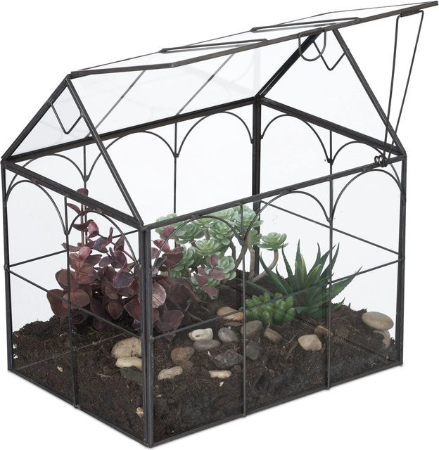 Relaxdays Pflanzenterrarium aus Glas in Hausform, Schwarz, B: 25 cm, T: 24 cm, H: 18 cm - Bild 1