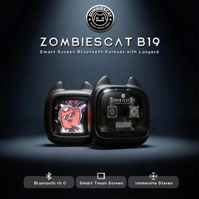 Zombies Cat B19 Smart Screen Ohrhörer mit Immersivem Stereo, Bluetooth 6.0, ENC Clear Call und TWS Kabellose Technologie mit Trageband in Schwarz und Rot - Bild 1