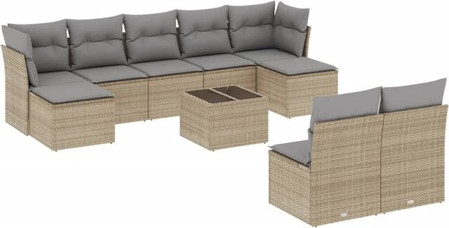 vidaXL 10-tlg. Garten-Sofagarnitur in L-Form aus Poly-Rattan mit Kissen, Beige-Grau - Bild 1