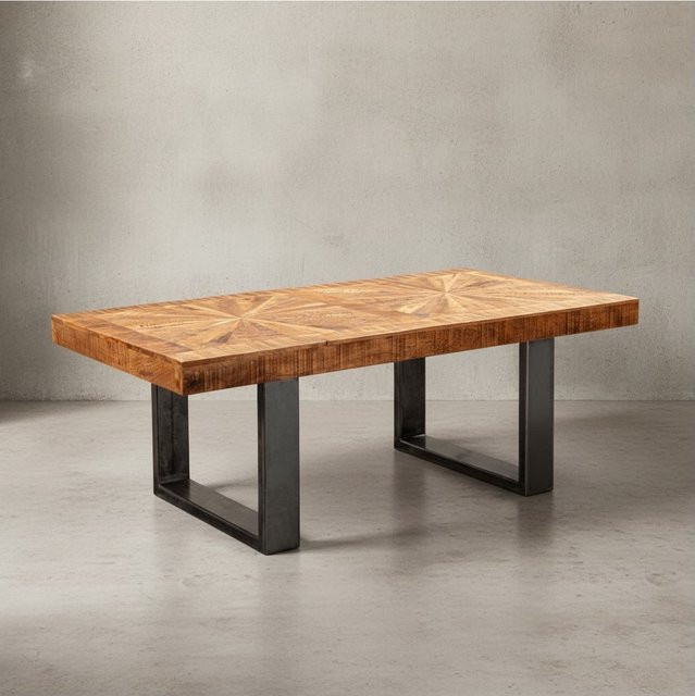 KADIMA DESIGN Couchtisch aus Mango Massivholz in Braun mit Metallbeinen im rustikalen Stil, B/T/H: 105 x 40 x 55 cm - Bild 1