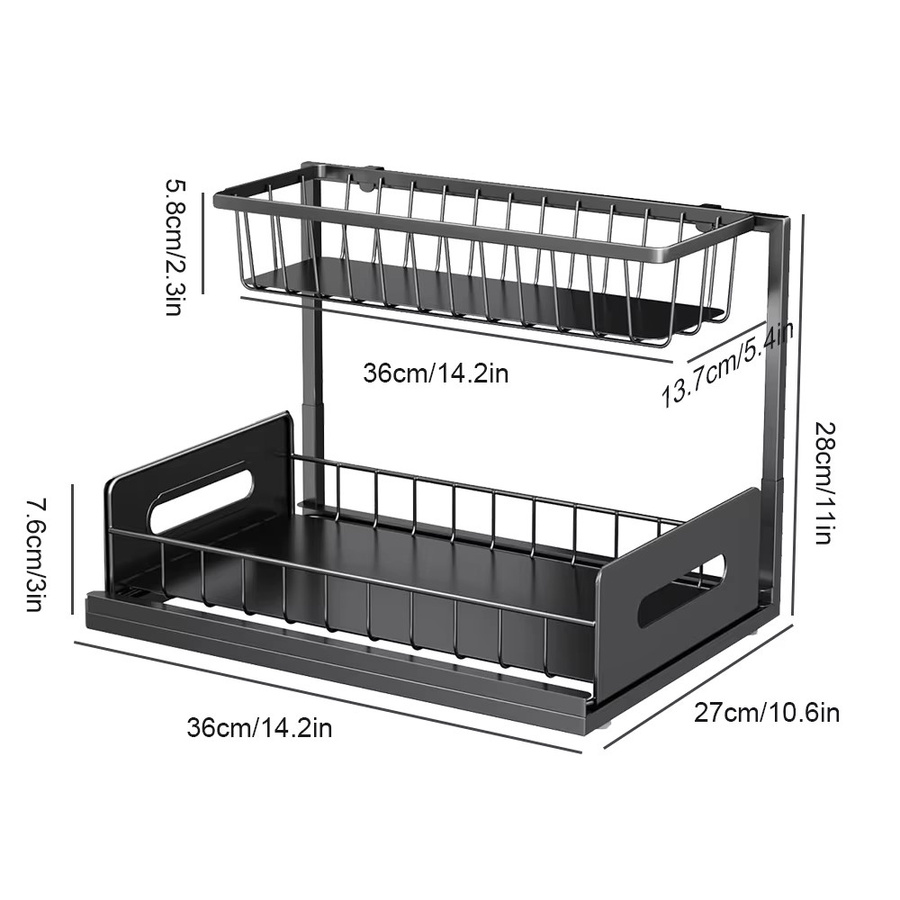LONENESSL Ausziehbares 2-stöckiges Unterschrank-Organizer-Regal in Schwarz, Mehrzweck-Gewürzregal für Küche und Bad, Breite: 28,0 cm, Tiefe: 36,0 cm - Bild 4