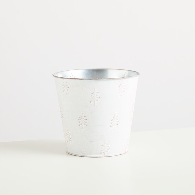 Modernes Zink Gefäß von BLUME2000 in Weiß mit gestanzten Tannenbäumen für dein Tabletop, Höhe: 16 cm - Bild 1
