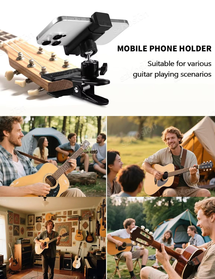 Verstellbare 360 Grad Gitarren-Handyhalterung in Schwarz für Ukulele, Bass und Live-Übertragungen - Bild 6