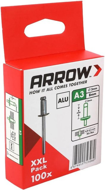 Arrow Blindniete aus Aluminium Ø 3 mm x 8 mm, 100 Stück - Bild 1