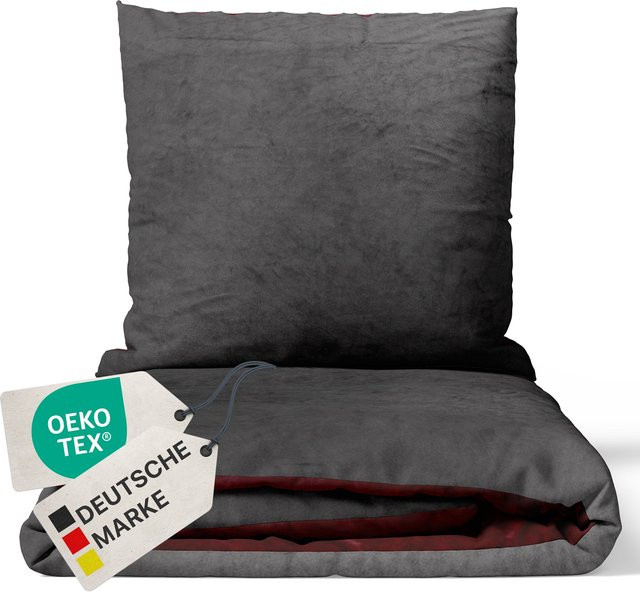 NYVI Winter Bettwäsche Set DreamScience Cashmere Touch aus Mikrofaser in Anthrazit/Bordeaux mit Reißverschluss, B/H: 155 x 220 cm und 80 x 80 cm - Bild 1