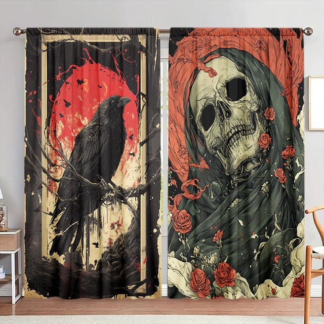 2er-Set Halloween Vorhang mit Skelett- und Krähen-Print in Braun, halbtransparentes Fensterdekor aus Polyester, Breite: 52,5 cm, Höhe: 116 cm - Bild 1