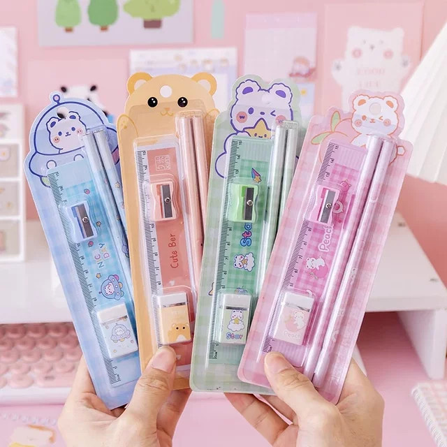 Niedriges 5-in-1 Lern-Schreibwaren-Set in Mehrfarbig mit Bleistift, Lineal und Radiergummi für den Schulbedarf - Bild 1