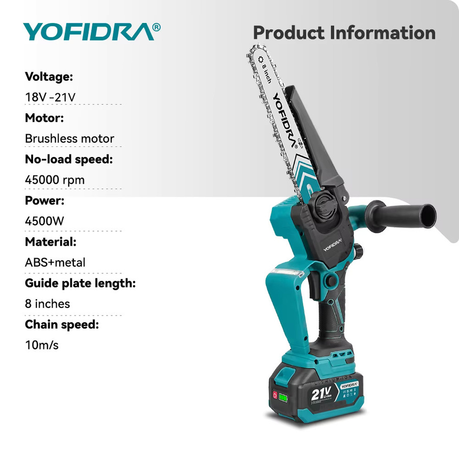 YOFIDRA Bürstenlose 8-Zoll-Elektrokettensäge 4500W mit Digitalanzeige und Akku für Holzbearbeitung und Beschneidung - Bild 2