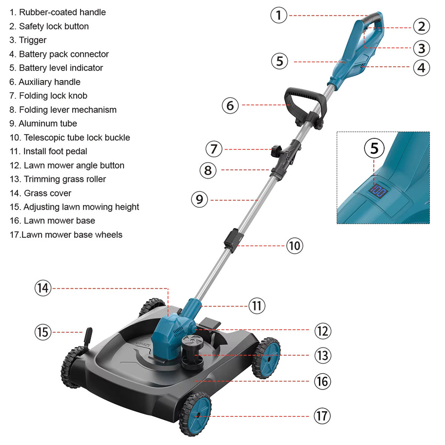 Gisam 3-in-1 Kabelloser Elektrischer Rasenmäher und Rasentrimmer mit 12 Zoll Schnittbreite für Makita LXT 18V Akku - Bild 6