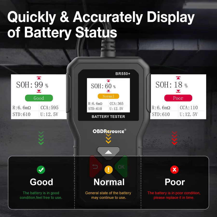 Obdre source Autobatterie Tester Digitaler Batterieanalysator mit Farbbildschirm für 6V, 12V, 24V und bis zu 2000 CCA in Schwarz - Bild 6
