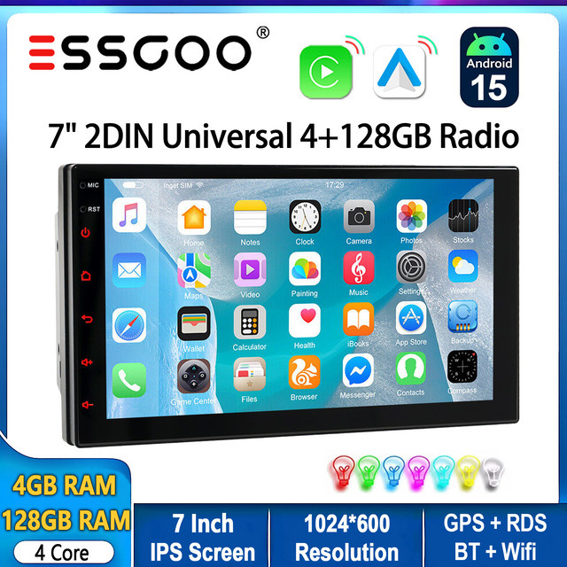 ESSGOO Universelles 2 DIN Autoradio mit 7 Zoll Android 15 Display, 4GB RAM + 128GB Speicher, Wireless Carplay, GPS, WiFi, Bluetooth und Mirror Link in Schwarz - Bild 1