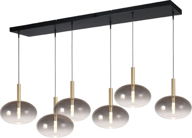 Masterlight Lido LED-Pendelleuchte 6-flammig in Gold mit ovalen Glasschirmen in Rauchgrau und Transparent - Bild 1