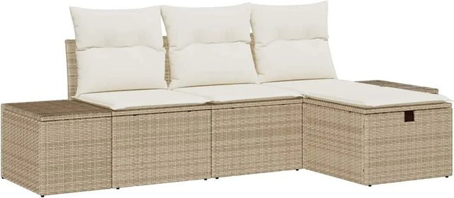 vidaXL Garten-Sofa-Set aus Poly Rattan in Beige mit Kissen und Fußhocker, 4-teiliges L-Shape Lounge-Set mit Stahlgestell - Bild 1