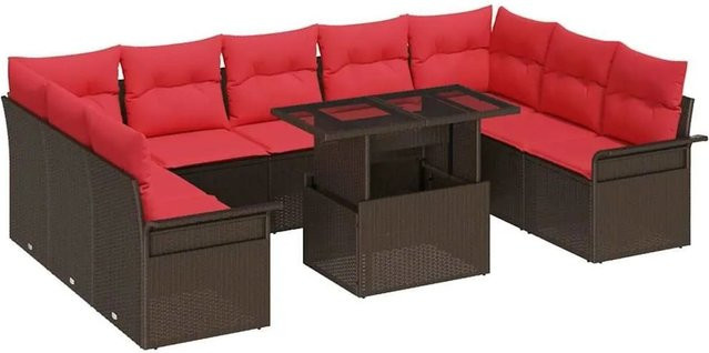 vidaXL Gartensofa-Set aus Poly-Rattan in U-Form mit 10 Kissen und Couchtisch in Braun - Bild 1