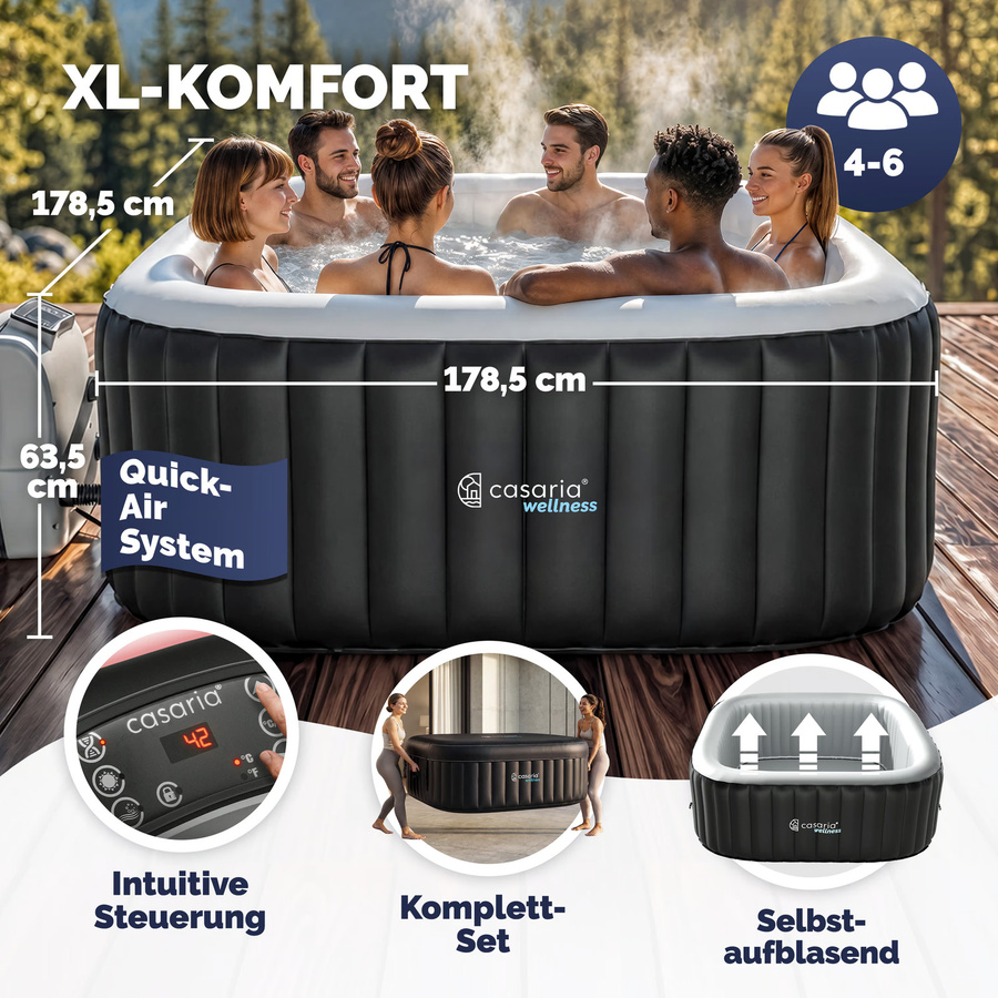 CASARIA Aufblasbarer Whirlpool Schwarz Eckig für 6 Personen mit Filter und Abdeckung - Bild 2