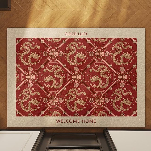 Festliche Drachenjahr Fußmatte in Rot, rutschfest und saugfähig, B/B: 45 x 75 cm - Bild 1