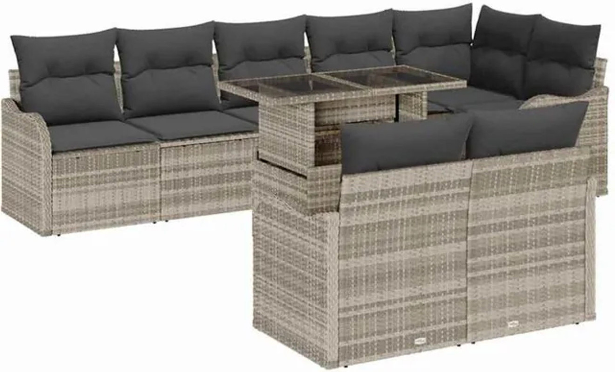 Vidaxl Garten-Sofa-Set aus Polyrattan in Grau, 9-teilige Loungemöbel-Garnitur mit Polyester, B/T/H: 100 x 55 x 73 cm - Bild 1