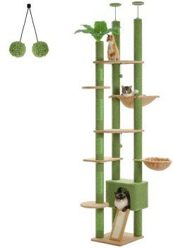 Pawz Road Deckenhoher Katzenbaumturm in Grün mit Hängematte, Höhle und integriertem Spielzeug aus Sisal - Bild 1