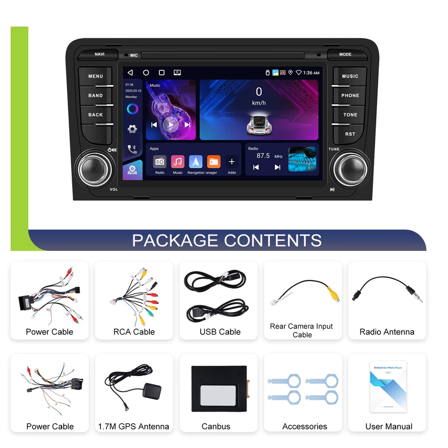 Podofo 7-Zoll Android Autoradio für Audi A3 8P (2003-2012) mit CarPlay, GPS-Navigation, WIFI, Bluetooth und FM/RDS in Schwarz - Bild 6