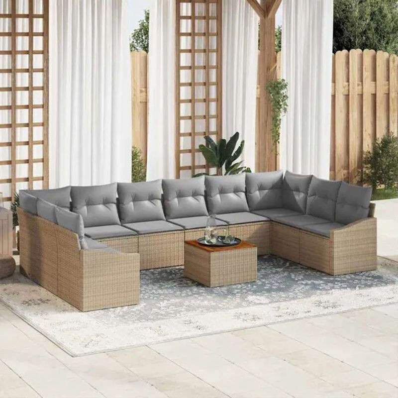 Vidaxl Garten-Sofa-Set aus 11 Teilen in Beige und Grau, modernes Polyrattan-Loungemöbel mit Akazienholz und Stahl - Bild 1