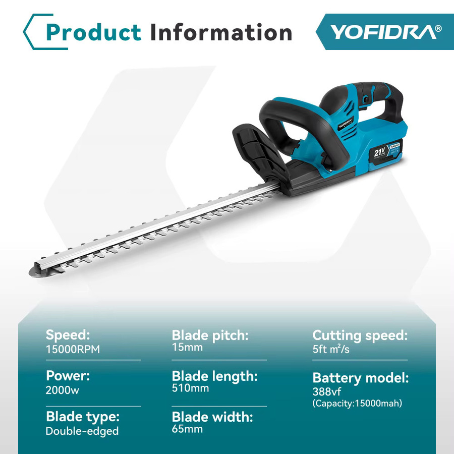 YOFIDRA Elektrische Heckenschere mit 2000W für Makita LXT Akkus, Blau, Akku-Gartengerät zum Beschneiden von Sträuchern und Hecken - Bild 2