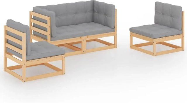 vidaXL 4-tlg Garten-Lounge-Set Modell 7 aus massivem Kiefernholz in L-Form mit grauen Polsterkissen - Bild 1