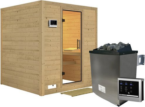 Karibu Sauna Sindi aus Fichtenholz in Beige inklusive 9 kW Saunaofen mit externer Steuerung für 4 Personen, B/T/H: 209 x 184 x 193 cm - Bild 1