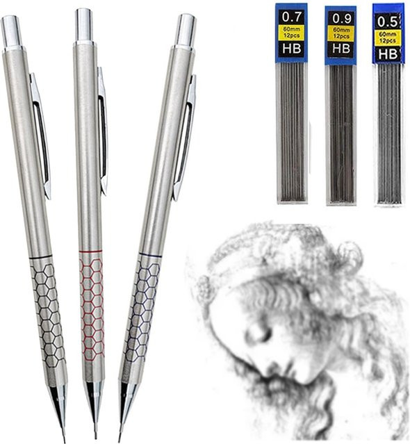 Metall-Druckbleistift Set in Silber mit Radiergummi und HB Graphitminen für Skizzen und Zeichnungen - Bild 1