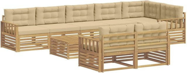 vidaXL Outdoor-Sofagarnitur 9-teilig in L-Form aus Akazienholz mit Kissen in Weiß und Beige - Bild 1