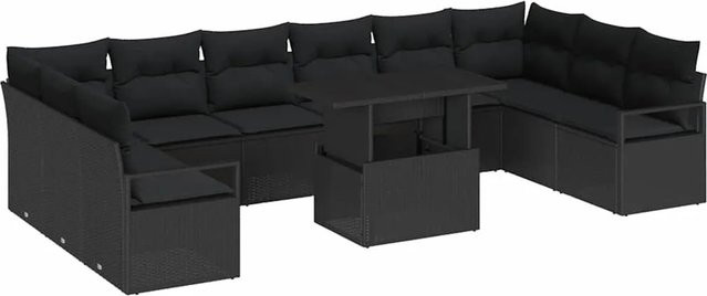 vidaXL Garten-Sofa-Set aus Polyrattan in Schwarz mit 11-teiligem U-Shape Design, Polsterung und integriertem Stauraum - Bild 1