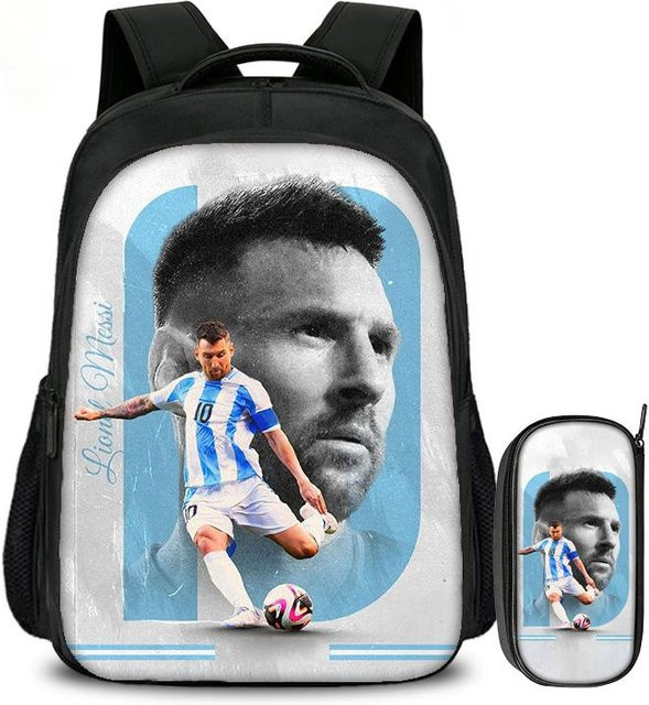2er Set Schulranzen und Federmäppchen von Fancy Style Studio mit Messi Fußball Design in Blau - Bild 1