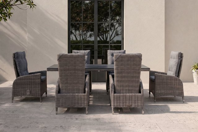 OUTFLEXX Garten-Essgruppe aus Polyrattan in Grau mit Tisch und 6 Sesseln, Tisch B: 200 cm, T: 95 cm, H: 76,5 cm - Bild 1
