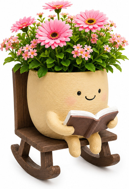 Niedlicher Lächelnder Lesender Harz-Blumentopf in Beige und Braun als 3-in-1 Sukkulenten-Pflanzgefäß und Stifthalter mit Drainageloch - Bild 1