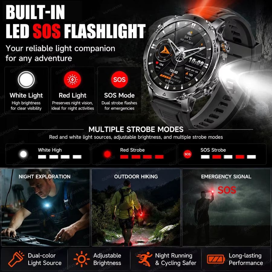 GUHUAVMI Outdoor Militär Smartwatch für Herren in Schwarz mit GPS-Tracking, Bluetooth-Anrufen, SOS-Funktion, Taschenlampe und IP68 Wasserdichtigkeit sowie 1400mAh Akku - Bild 4