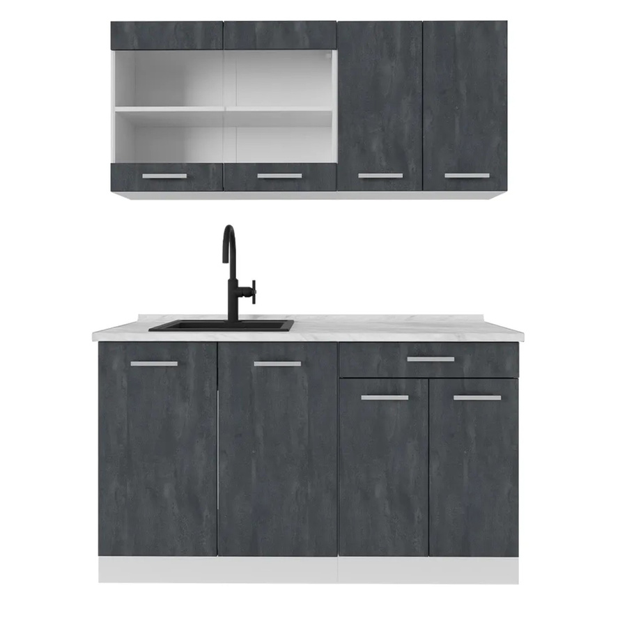 Vicco Singleküche R-Line Schwarz Beton und Weiß mit Arbeitsplatte in Weiß Marmor, Breite: 140 cm - Bild 2