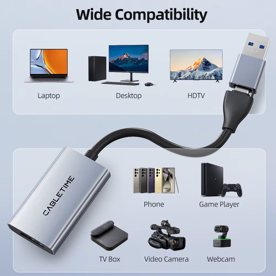 CABLETIME USB 3.0 Video-Capture-Card mit HDMI, 4K UHD & 1080p Full HD, PD 100W, 5Gbps, Farbe: Silber - Bild 4