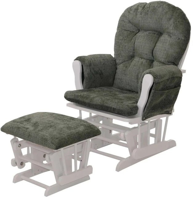 MCW Relaxsessel C76 Schaukelstuhl mit Hocker aus grünem Chenille-Stoff und weißem Birkenholzgestell - Bild 1