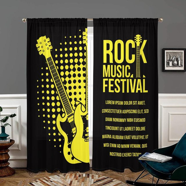 2er-Set halbverdunkelnde Rockmusik E-Bass Vorhänge in Schwarz, Breite: 150 cm, Höhe: 166 cm - Bild 1
