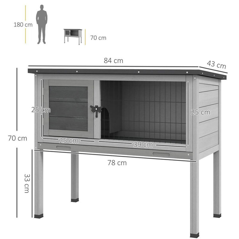 PawHut Hasenstall aus Tannenholz in Grau mit aufklappbarem Dach für Kaninchen und Meerschweinchen, B/T/H: 84 x 43 x 70 cm - Bild 3