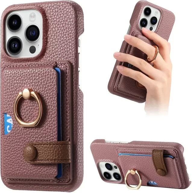 szHAIyu Leder Handyhülle mit Ring-Unterstützung und Kartenhalter für iPhone 11 bis 16 Pro Max, Farbe: Rot - Bild 1