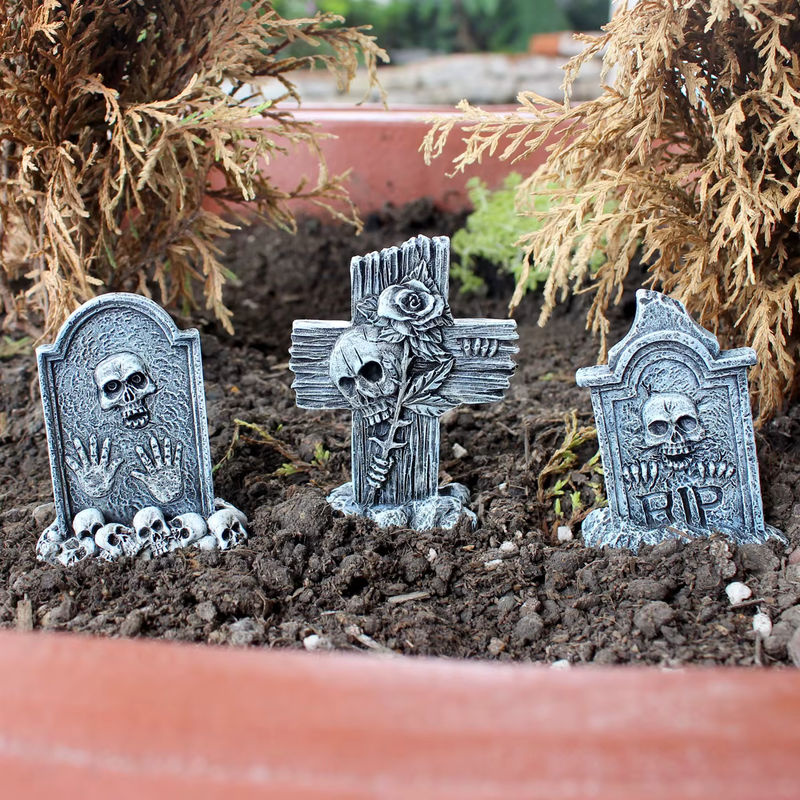 3-teiliges Set Grabstein aus Harz in Dunkelgrau als Halloween Dekoration für Garten und Bonsai - Bild 2