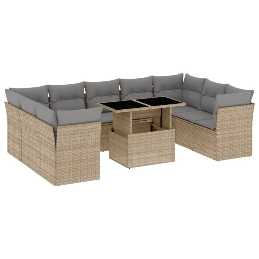 vidaXL 10-teilige Garten-Sofagarnitur aus Polyrattan in Beige mit Kissen und Gartentisch - Bild 2