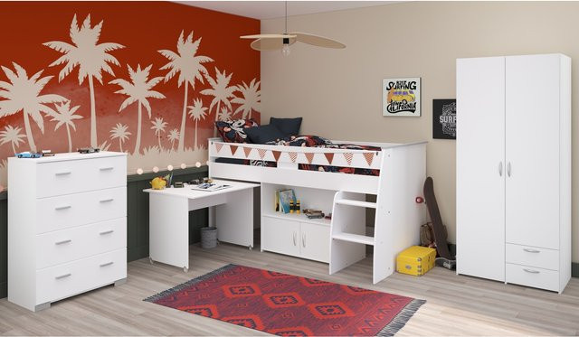 Parisot Kinderzimmer Set Reverse 11 Weiß, 3-teilig bestehend aus Hochbett mit Schreibtisch, Kommode und Kleiderschrank - Bild 1